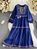 Znbbw Vacation Retro Ethnic Embroidery Vestidos Female V-neck Fringe Lace-up Puff Sleeve Fashion Temperament Midi Dress KK1127