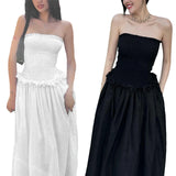 Znbbw Women Summer Off Shoulder Ruched Bust Ruffle Trim Tube Top Dress  Ruched Frills Strapless Sleeveless Party Long Dress