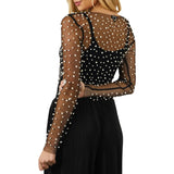 Znbbw Women Sexy See-through Pearls Mesh T-shirt Long Sleeve Crew Neck Slim Fit Tops Club Party 2023 Spring Summer Ladies clothes