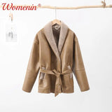 Znbbw Winter Leather Jacket Women 2024 New Female Vintage Lapel Faux Wool Belt Coat Thicken Warm Oversize Highstreet Outwear Top