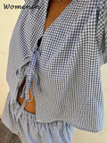 Znbbw Plaid Shorts Sets Women Loose Lace Up V-neck Puff Sleeve Shirts Wide Leg Short Pants 2024 Summer Lady Two Pieces Sets New