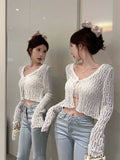 Znbbw Hollow Out Sweater Shirts Lady Summer Full Sleeve Laced Crocheting Cardigan Thin Short Coats for Slim Woman