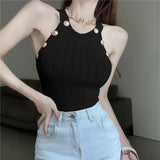 Znbbw Women Gold Buttons Halter Collar Tank Tops Female Stretchable Thin Hollow Out Camisole Sleeveless Short T-shirts Tees