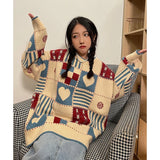 Znbbw Sweater Women Plaid Love Knitwear Harajuku Oversized Print Knit Jumpers Streetwear Korean Heart Casual Pullovers Tops