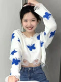 Znbbw Korean Fashion Graphic Butterfly Knitted Sweater Woman Sweet sized Cropped Tops Off Shoulder Y2K Casual Sweater