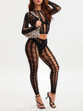 Znbbw Women¡¯s 2 Piece Pants Sets Sexy See-Through Exotic Sets Long Sleeve Hollow Out Crop Tops and High Waist Leggings Set Clubwear