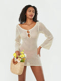 Znbbw Backless Cutout Crochet Knit Beach Mini Dress for Women Bikini Cover-ups Long Sleeve V-Neck Bodycon Short Dresses