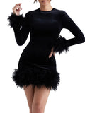 Znbbw Feather Black Women Party Dresses Spring Autumn Long Sleeve Round Neck Mini Dress 2024 Female Elegant Club Evening Vestido