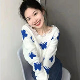 Znbbw Korean Fashion Graphic Butterfly Knitted Sweater Woman Sweet sized Cropped Tops Off Shoulder Y2K Casual Sweater