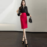 Znbbw Vintage Gray Red Stretch Pencil Skirts For Women Office Lady Formal Black Midi Skirts Elegant Female Package Hip Skirts