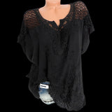 Znbbw Women Hollow V-Neck Embroidered Short-Sleeved Bat Sleeve Shirt Top Elegant Black/White/Blue Exquisite and Breathable Blouses