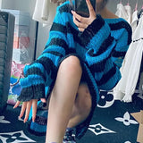 Znbbw Punk Gothic Long Unisex Sweater Summer Women Striped Cool Hollow Out Hole Broken Jumper Loose Rock Thin Dark Streetwear Top