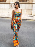 Znbbw Crop Top Long Pants Print Fashion Set Outfits Strapless Tie Back Pockets Folk Boho Floral Suit Beach Casual Summer Set