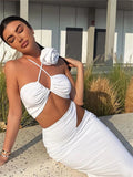 Znbbw Two-Piece Dress Sets for Women 2024 Chic Flower Decor Halter Tie-up Crop Tube Tops+Midi Cutout Bodycon Skirts Party Suit