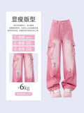 Znbbw Women's Pink Cargo Jeans Vintage 90s Aesthetic Y2k Oversize Denim Trousers Harajuku High Waist Cowboy Pants 2000s Trashy Clothes