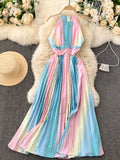 Znbbw Summer Temperament Vestidos Feminine Strapless Sling Square Collar Rainbow Gradient Color Slimming Holiday Midi Dress C361