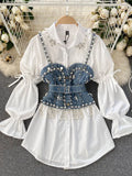 Znbbw Autumn New Blouse Women's Diamond Beaded Puff Sleeve Blusa Top Tassel Pearl Sling Waistcoat Two-piece Stacking Shirt C813