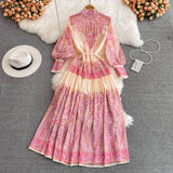 Znbbw Women's Spring Summer Dress 2023 Runway Fashion Lantern Sleeve Turtleneck Single Breasted Flower Printed Party Maxi Vestidos