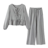 Znbbw Print Women's 2-piece Pants Set Lace Up Lantern Sleeve O-neck Top Loose High Waist Pant 2024 Spring Lady Casual Outfits