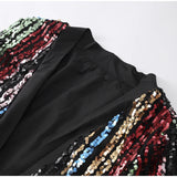 Znbbw Striped Sequins Women Pants Set Elegant Deep V Neck Lace Up Long Sleeve Coat Autumn High Waist Elastic Wide Leg Trouser