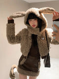 Znbbw Warm Elegant Two Piece Set Women Sweet Korea Casual Skirt Suits Female Cute Hooded Coat + Leather Y2k Skirt Winter 2024