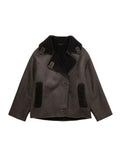 Znbbw TRAF Office Lady Brown Women Turn-Down Collar Slanted Placket Short Fur Coat 2023 Winter New Windproof Thick Warm Fur