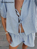Znbbw Plaid Shorts Sets Women Loose Lace Up V-neck Puff Sleeve Shirts Wide Leg Short Pants 2024 Summer Lady Two Pieces Sets New