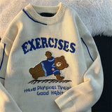 znbbw Grey Letter Bear Printing Pullover Sweater Female Loose O-Neck Long-sleeved Knitted Tops Women Autumn and Winter 2023