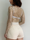 Znbbw Embroidered Flares Glitter Sexy T-shirt Women O Neck Full Sleeve Crop Top Ladies Mesh Shiny Slim Party T-shirts Tops