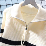 Znbbw neck zipper stripe pullover sweater for women loose sweater 2024 autumn/winter Japanese knit sweater pullover female top