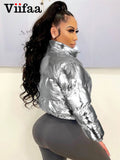 Znbbw Silver Metallic Y2K Fashion Parkas Winter Clothes Women Stand Collar Crop Puffer Jacket Streetwear Warm Thicken Coats