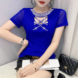 Znbbw Fake Diamonds O Neck T Shirts Crossed Hollow Out Summer Mesh Tops Lady Stretchy Slim Short Sleeve Chic Tshirt BH5067