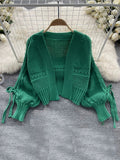Znbbw Women Autumn Winter Cardigan Design Sense Lantern Sleeve Knitted Versatile Knitting Bow Tie Short Long Sleeve Shawl Top D2156