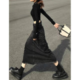 Znbbw Vintage Denim Skirts Women Tassel Midi A Line Skirt Jeans Streetwear Korean High Waist Raw Edge Slim Casual Mermaid Skirt