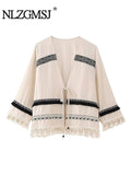 Znbbw TRAF Beige Cardigan Jackets Women 2023 Tassel Coat Loose Elegant Top Stylish Vintage Chic Trendy Folk Lace Up Top