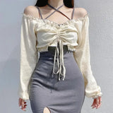 Znbbw Vintage Two Piece Set Slash Neck Puff Sleeve Ruffles Draw String Crop Tops Forked Female Slim Tand Dresses Spring Sets