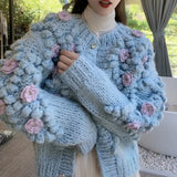 Znbbw Crop Knitted Cardigans Women 3D Flower Sweater Coat Sweet Single Breasted Knitwears Jackets Korean Loose Jumper Outwear