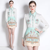 Znbbw Sweet Two Piece Set Women Turn Down Neck Long Sleeve Floral Print Chiffon Shirt Top+Irregular Vintage Mini Skirt Suit