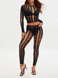 Znbbw Women¡¯s 2 Piece Pants Sets Sexy See-Through Exotic Sets Long Sleeve Hollow Out Crop Tops and High Waist Leggings Set Clubwear
