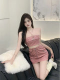 Znbbw Matching Sets Tube Top Bandage Crop Tops High Waist Mini Skirts Y2k 2000s Female Slim Design PU Leather Girl Two Piece Set