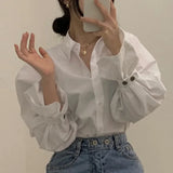 Znbbw White Elegant Puff Sleeve Blouse Women Spring Lapel Neck Single Breasted Blusas Mujer Loose All Match Shirts Tops