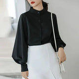 Znbbw Vintage Chiffon Shirts Women Lantern Sleeve Black Blouses Korean Elegant Office Lady Solid Loose Casual Tops New