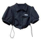 znbbw Style High Waist Shirts Women Puff Sleeve Crop Top Lace Up Design High-street Elegant Fashion Vintage Solid White Black