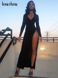 Znbbw Women Autumn Winter V Neck Slim Long Sleeve Hollow Out Black Open Fork Split Long Dress 2023 Fall Clothes Streetwear