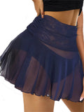 Znbbw Ruched High Waist Mini Skirts Women Beachwear Skirt Solid Color See-Through Bikini Cover-Up Mesh Sheer Pleated Skirt