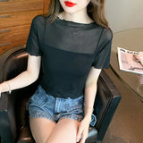 Znbbw Sheath T Shirts Summer Women New Elegant Short Sleeve Crop Tops Girls Solid See-through Mesh Tee T-shirt