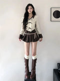 Znbbw Harajuku Gyaru Matching Sets Striped Long Sleeve Crop Tops High Waist Pleated Mini Skirts Autumn Design Women's Clothing