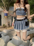 Znbbw Gyaru Matching Sets Tube Top Crop Tops High Waist Belt Pleated Patchwork Skirts Y2k 2000s Female Slim Two Piece Set