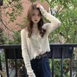 Znbbw Shirts Women Sun Proof Lace Long Sleeve Slim Chic Blouses Korean Fashion V Neck Casual All Match Sunscreen Crop Tops New