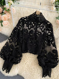 Znbbw Summer New Fashion Blouse Female Hollow Lantern Sleeve Temperament Blusa Stand-up Collar Slim Short Lace Shirt C342